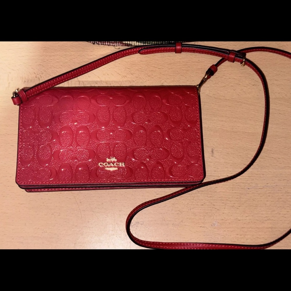 Coach Anna Fold-Over Red Leather Crossbody Clutch Bag, New